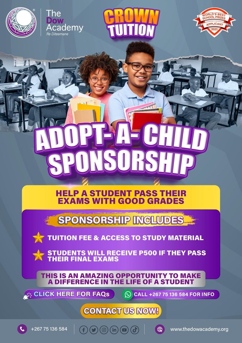 TheDowAcademy's tweet photo. Adopt-A-Child Sponsorship! Join Crown Tuition in changing lives today! 

Our Adopt-A-Child Sponsorship programme is an incredible opportunity to make a real difference in the lives of students rewriting their JC and BGCSE exams. https://t.co/31OOn5N65P