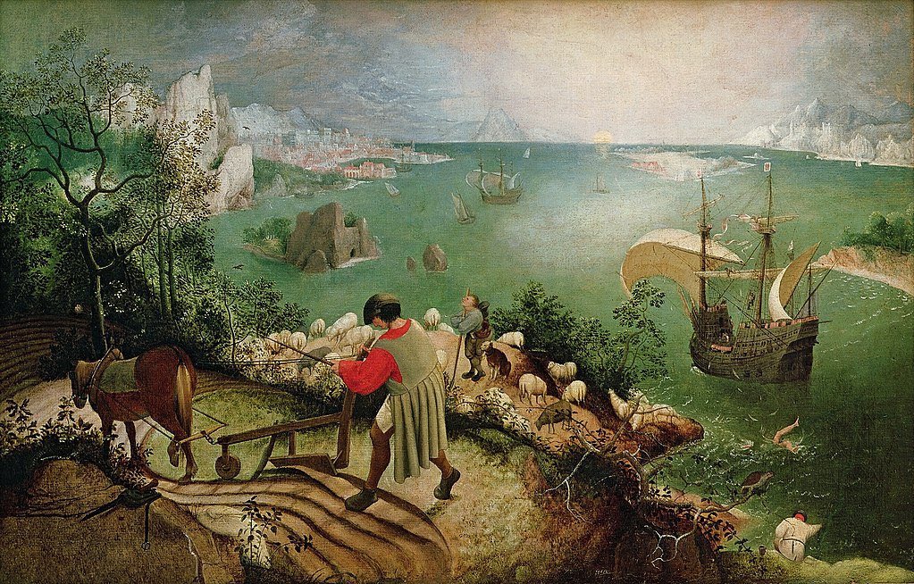 kulturistan's tweet photo. “Önemsizce 
Kıyıdan açıkta 
Kimsenin
Fark etmediği bir su sesi
İşte bu
İkaros’un boğulmasıydı”

William Carlos Williams 
İkaros şiirinden 

Resim: Pieter Bruegel 
İkarus’un düşüşü 

İkaros’un dramını kimse farketmez, kendinden başka. Çiftçi toprağı sürer, denizci ufka bakar https://t.co/olpZ9gUcuU
