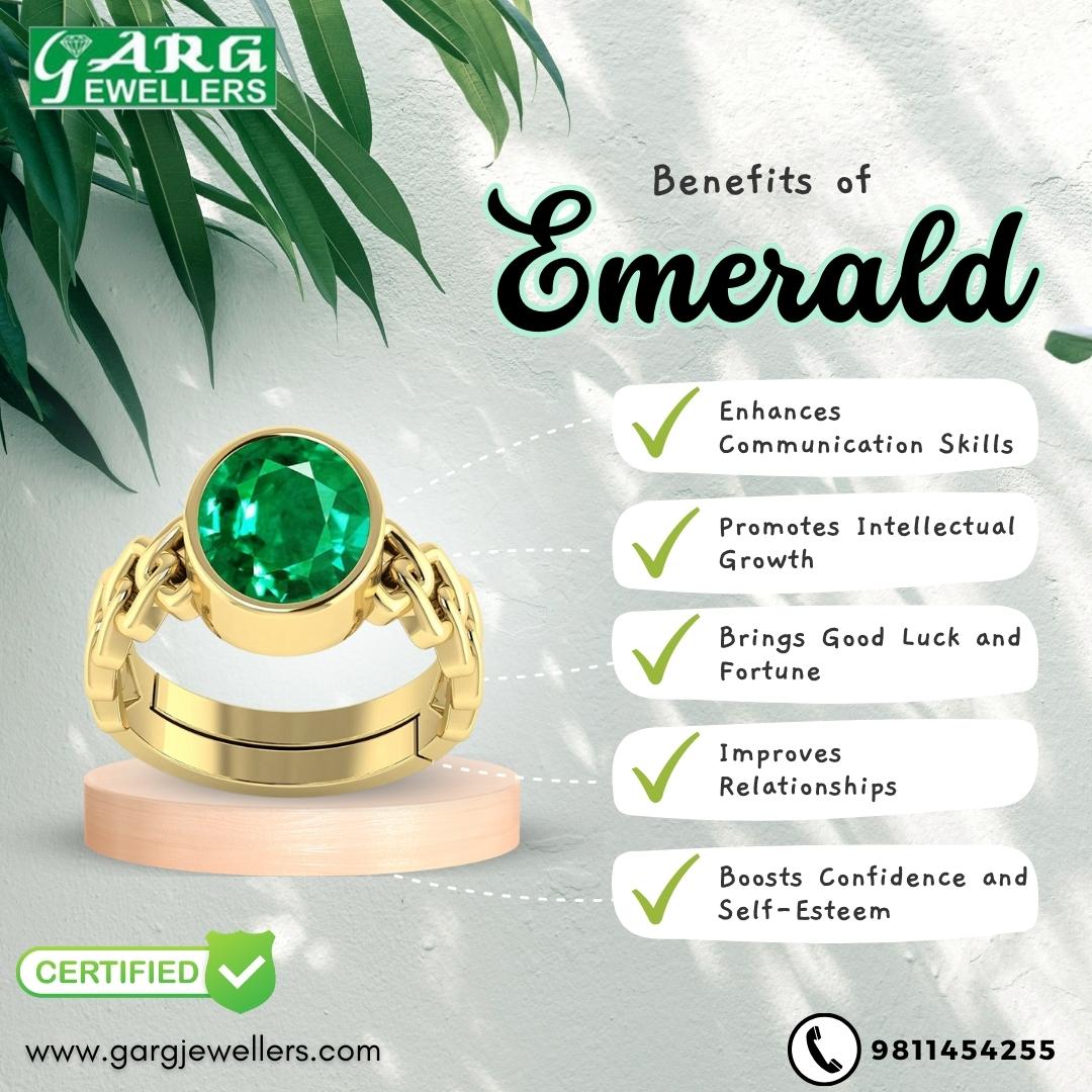 Emerald, also known as Panna in Hindi, is a precious gemstone associated with the planet Mercury. It is believed to possess various benefits and properties.
 
#gemslovers #gemstonerings #emeraldgem #panna #instagood #Emeralds #GreenEmerald #EmeraldCrystal #GargJewellers