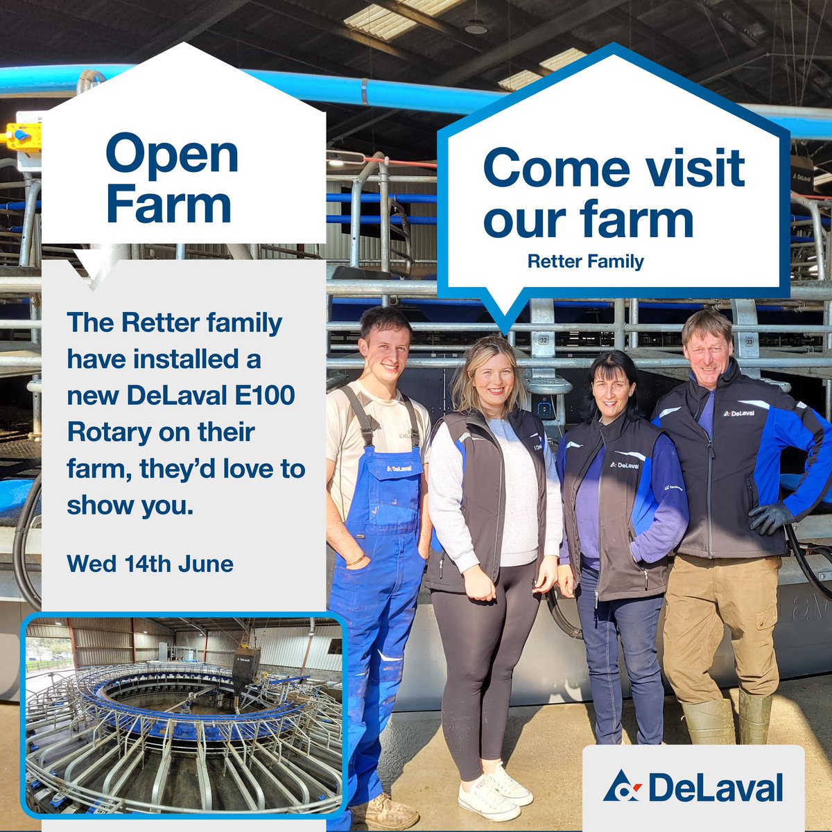 We are delighted to invite you to a Open Farm Day on the Retter Family Farm to take a look at their new
DeLaval E100 Rotary
Join Us: 
Wednesday 14th June at 12:00
Home Farm, Bradfield, Cullompton, EX15 2RA
To find out more and to register visit: bit.ly/44Ji8ny