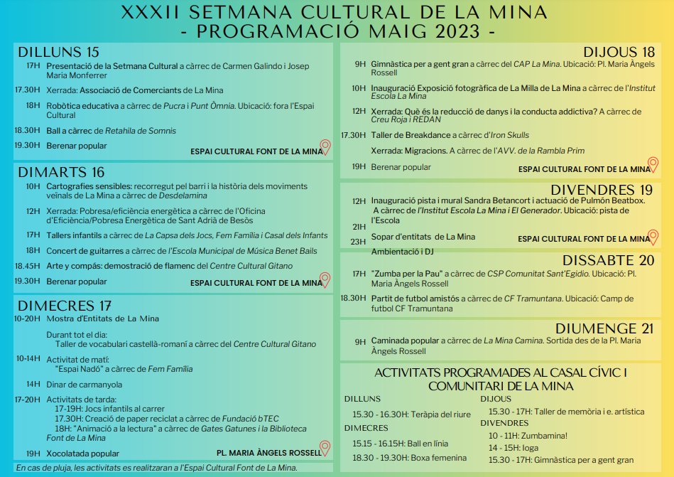 Bon dia🌞
Avui estarem de 10h a 14h a la mostra d'entitats a la Plaça Maria Àngels Rosell (davant del CAP)! Apropeu-vos i veniu a saludar-nos😉