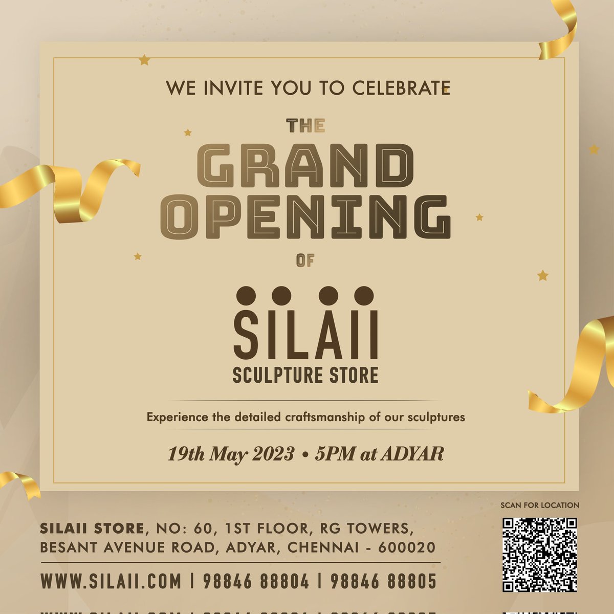 SILAIISculpture's tweet photo. 🎉We are excited to announce the Grand Opening of our first exclusive SILAII SCULPTURE STORE in #ADYAR, #CHENNAI.
Join us on 19th May 2023, at 5pm
📍#SILAIISTORE, No: 60, 1st Floor, RG Towers, Besant Avenue Road, Adyar, Chennai - 600020
Location Link: https://t.co/AVgwaIyOdA https://t.co/1SUX2uJniN