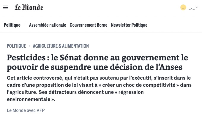 L_Espargiliere's tweet photo. Le jour même où une étude nous apprend que les pesticides font s'effondrer les populations d'oiseaux, la majorité LR au Sénat vote un article de loi qui doit permettre au ministre de l'agriculture de s'opposer aux interdictions de l'Anses. 

Quel sens du timing 👏 https://t.co/4l19Ao8yfc