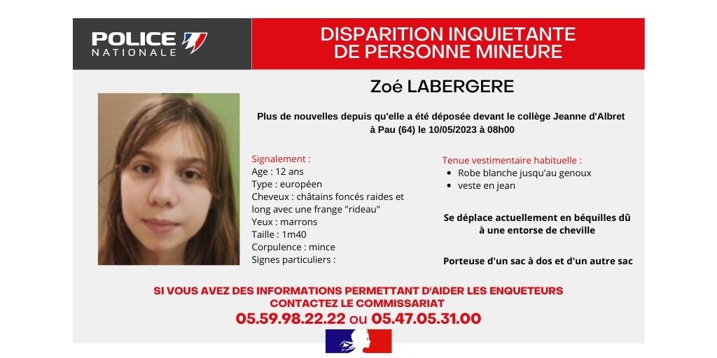 PoliceNat64's tweet photo. [#DisparitionInquiétante] Merci de vos RT pour aider les enquêteurs de la brigade des mineurs à retrouver Zoé disparue depuis le 10/05/2023 - 8h00 à Pau devant le collège Jeanne d'Albret. https://t.co/DUgkj8fkO3