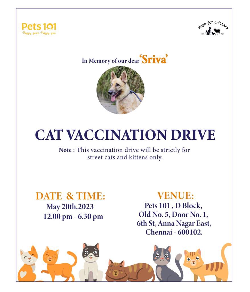 Pets101 Anna Nagar is thrilled to be hosting Hope for Critters’ Cat Vaccination Drive on May 20th which is being held in memory of Sriva :) 

Tweets below have answers to some FAQs regarding the drive.

Look forward to having you bring your neighbourhood cattos and kittens :)