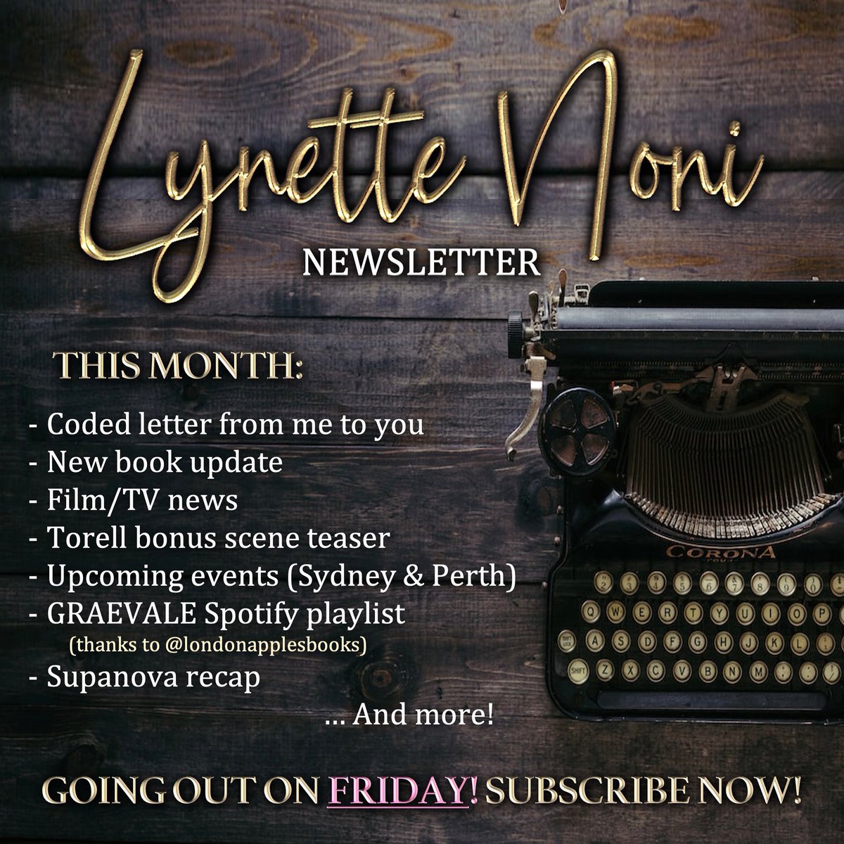 LynetteNoni's tweet photo. My next newsletter is going out on Friday night and it’s perhaps my funnest one yet! There’s soooo much exciting news in it (some of it is listed below!), so subscribe here to keep from missing out: https://t.co/Mx6P1b0zL5 https://t.co/8spZ7kFWnD
