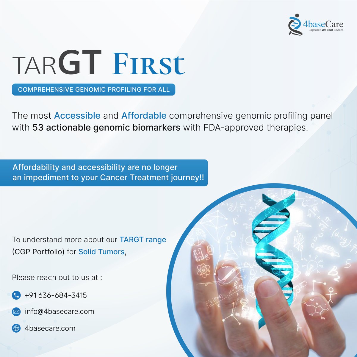 4baseCare's tweet photo. Is it possible to have both accessibility and affordability?

Yes!! 

The TARGT First genetic testing panel by 4basecare covers SNVs/InDels, Copy Number Alterations, and Gene Fusions comprehensively by profiling 53 known genes and their variants for which FDA-approved treatment options are available. 

LINK: https://t.co/G4xXBUzKie

#MedTwitter
