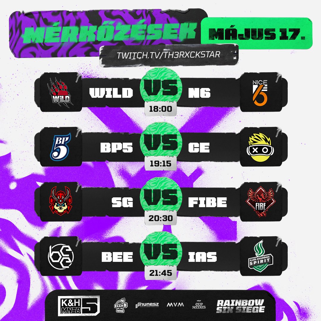 #MNEB5 #R6S Ma érkezik a második játékhét első meccsnapja a következő mérkőzésekkel, a K&amp;H Magyar E-sport Bajnokság Rainbow Six Siege versenyében. 

⏰18:00-tól a twitch.tv/th3rxckstar csatornán követhetitek az eseményeket

#KHBANK #MVMFORYOU <a href="/esportmilla/">Esportmilla</a> #Nissin