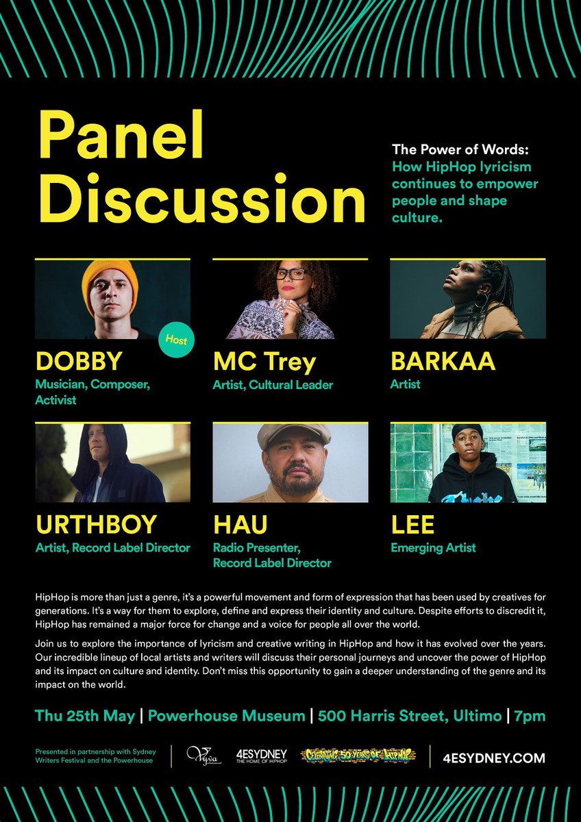 The #power of #words #hiphop &amp; #lyricism 🎙️ <a href="/SydWritersFest/">Sydney Writers' Festival</a> <a href="/PowerhouseMuse1/">Powerhouse Museum</a> #lates <a href="/VyvaEnt/">Vyva Entertainment</a> #4Ehiphop #hiphopturns50 <a href="/Barkaa__/">Barkaa</a> <a href="/dobbyau/">DOBBY</a> <a href="/hauiebeast/">Hau Lātūkefu</a> <a href="/urthboy/">Urthboy</a> #lee #mctrey 📝✊🏽 May25: 5-9pm #free