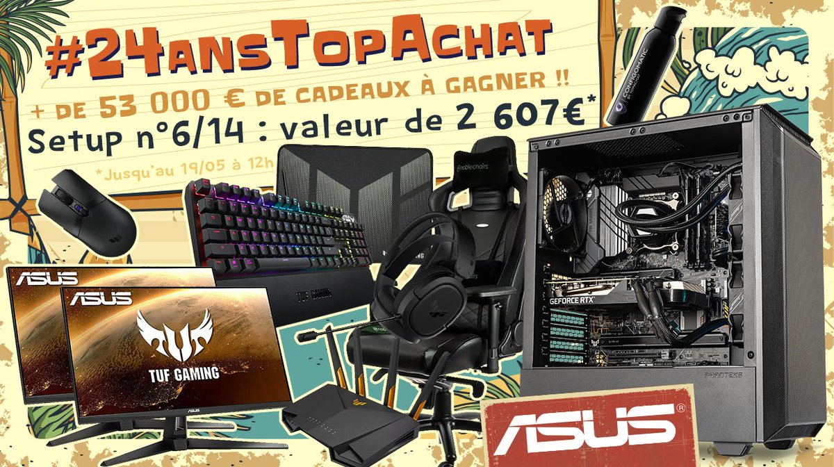 Concours 🎁 #24AnsTopAchat 🔥 + de 53 000 € de cadeaux à gagner ! 🔥 Place au #Setup6 de 2607 € ! Pour participer ☑ #RT ce tweet ☑ Follow @TopAchat Participe aussi sur TikTok / Discord / Insta / Facebook topachat.com/p/content/conc… 🍀 TAS le 19/05 à 12h