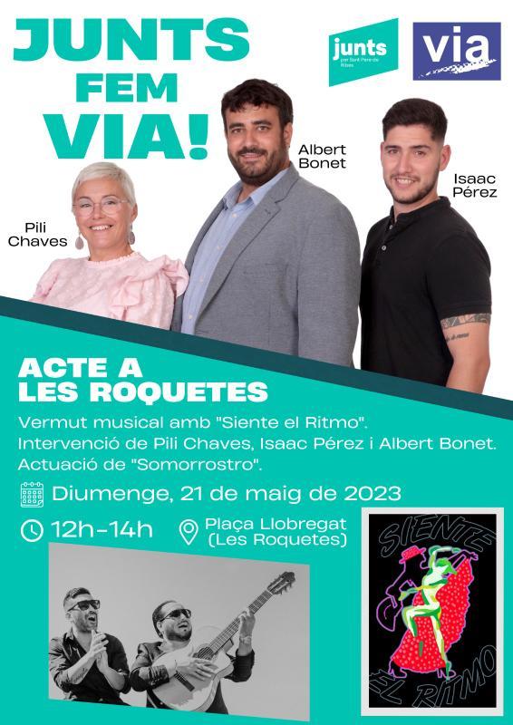 JuntsSPRibesViA's tweet image. 🔵 ACTE A LES ROQUETES!

Vermut musical amb Siente el ritmo  i actuació de Somorrostro  !

🗓 Dia: Diumenge 21

🕛 Hora: 12 a 14h

📍 Lloc: Plaça Llobregat

Amb les intervencions de Pili Chaves, Isaac Pérez i Albert Bonet.

Junts fem via, un govern per tu!

#LesRoquetes
#SPRibes