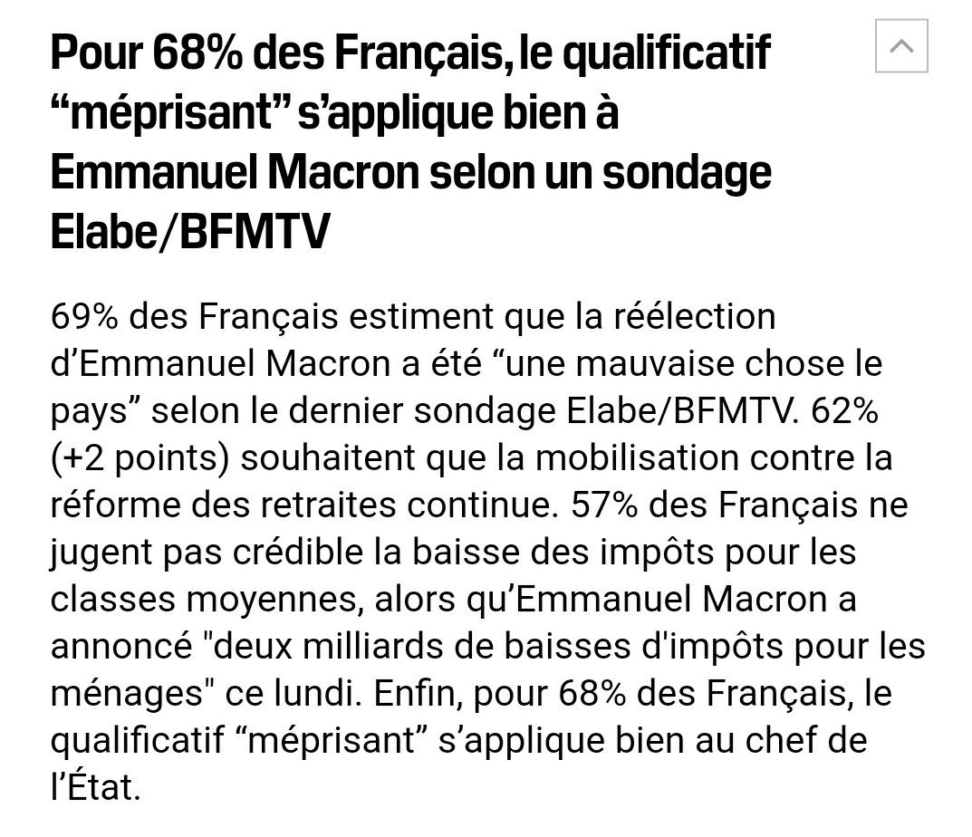 Idéal de débuter le #Jour30 de l'apaisement avec la confirmation que 70% du peuple trouve Macron méprisant et nuisible pour le pays.

Ces 2/3 de français soutiennent toujours la lutte après 4 mois. Encore mieux, la part de ceux qui veulent que la mobilisation continue augmente 💪