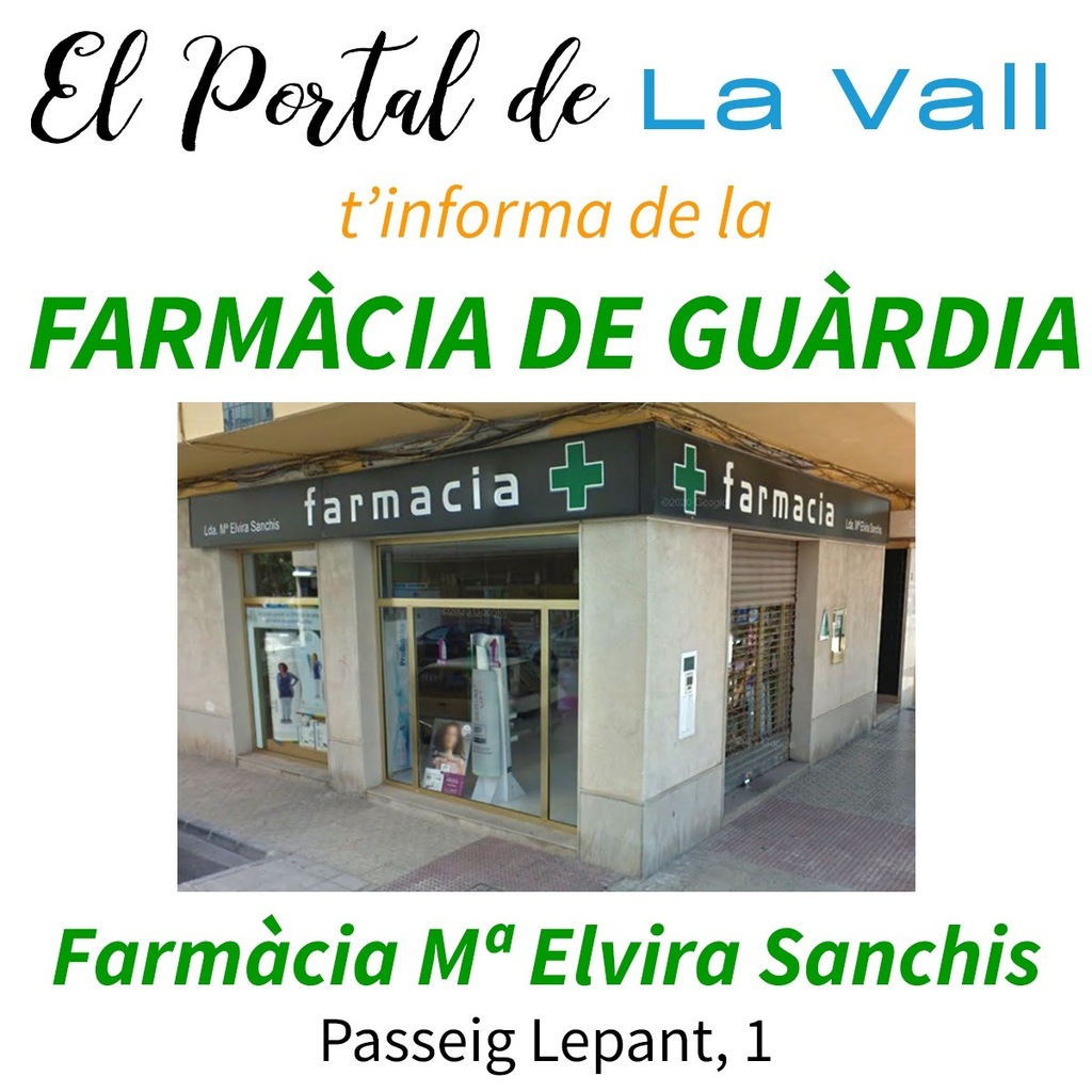 Hui 17/5/2023 la farmàcia de guàrdia és:

Farmàcia Mª Elvira Sanchis Aramburo
Passeig Lepant, 1
Tavernes de la Valldigna

👉 Consulta la farmàcia de guàrdia sempre que la necessites a la nostra web: elportaldelavall.es/farmacia-de-gu…