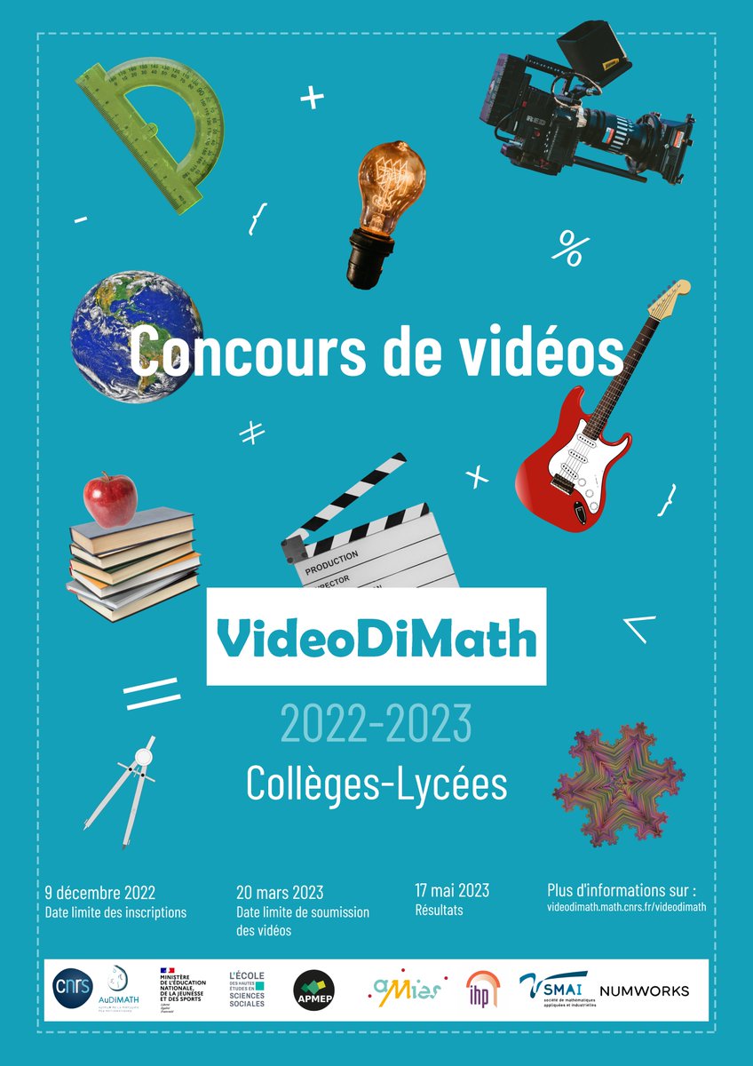 🆕 Les résultats du concours #VideoDiMath 2023 sont sortis !
➡️ bit.ly/VideoDiMath23
📽️❤️ Jusqu'au 2 juin, likez votre vidéo préférée pour élire le Prix du Public.

@eduscol_maths @INSMI_CNRS @CNRS_Paris @Apmep_Nat @SMAI_media @InHenriPoincare @NumWorksFR @AMIES_Math @EHESS_fr