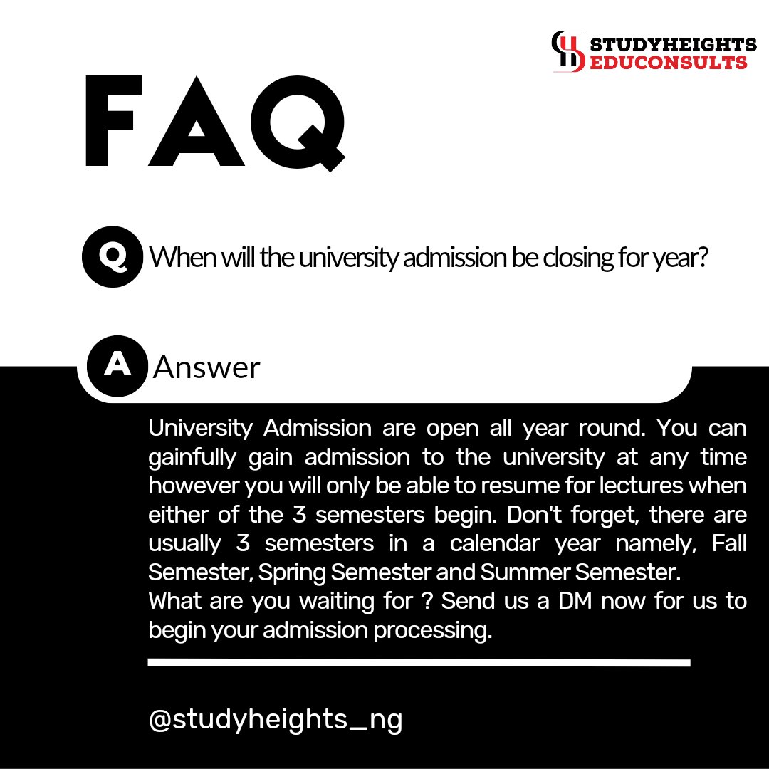 studyheights_ng's tweet photo. We have been asked this question from many students asking when admission will close. Well now you know it.
The good part is that we process your admissions within 3 - 7 days.
What are you waiting for?
Send us a DM now to get started.

#studyinbeninrepublic #studywithbrightminds https://t.co/zNtNaOHzP1