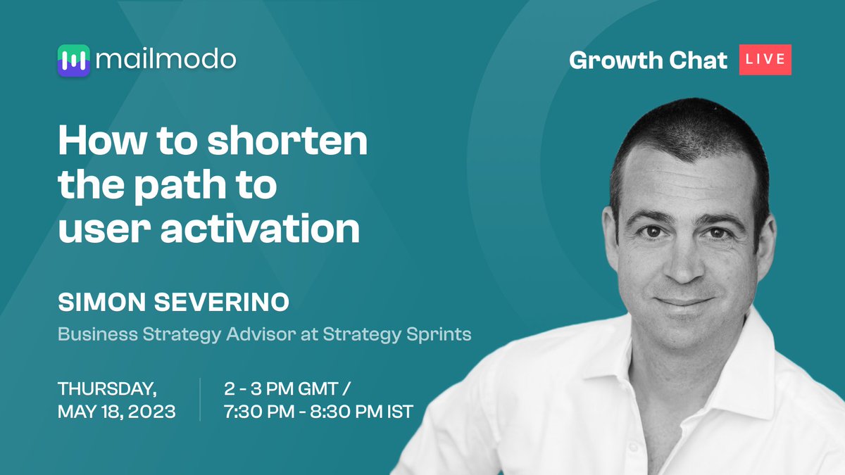 mailmodo's tweet image. 💥 Don't miss the upcoming #GrowthChat with 🐆 @simonseverino on May 18th!

🤔❓ How to shorten the path to user activation?
💡👨‍💻 Discover proven strategies from Simon Severino.
👇 Register now!
mailmodo.com/events/simon-s…

#UserActivation #B2BMarketing #BusinessGrowth