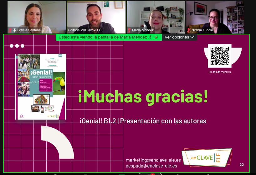 Ayer presentamos ¡Genial! B1.2 con sus autoras @ELE_de_Leticia <a href="/mariaparrula/">María Méndez Santos</a> y <a href="/UminekoKaki/">Nitzhia Tudela</a> 👏
¡Gracias por el éxito de convocatoria y por seguirnos desde diferentes puntos del mapa!🫰🌍 
En los próximos días subiremos la grabación a nuestro canal de YouTube 📽️🆕