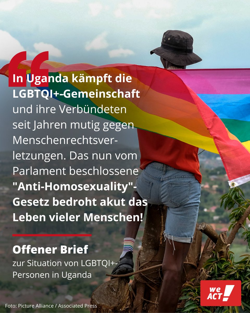 campact's tweet photo. Heute ist #IDAHOBIT. 🏳‍🌈

Doch in #Uganda sind die Leben von LGBTQIA* akut bedroht! Ein queerfeindliches Gesetz steht kurz vor der Verabschiedung.

Deshalb fordern 80 Prominente in einem offenen Brief die Bundesregierung zum Handeln auf. Sei dabei: https://t.co/wQQiYGgMO1 https://t.co/T1VC37k48z