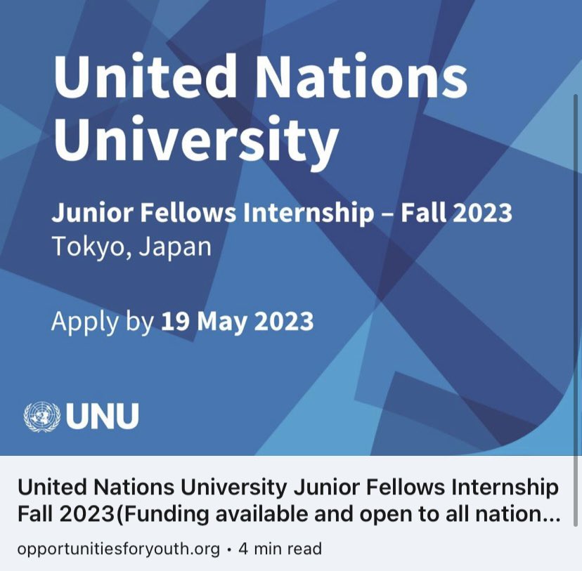 📣 PAID INTERNSHIP ALERT 📣

💼 The UNU Office of the Rector is offering Fall 2023 Junior Fellows Internship Programme. A golden opportunity for graduate students 🌏

👉 Apply now: bit.ly/3AIWiCT

#paidinternship #universities #university #work #opportunity #students