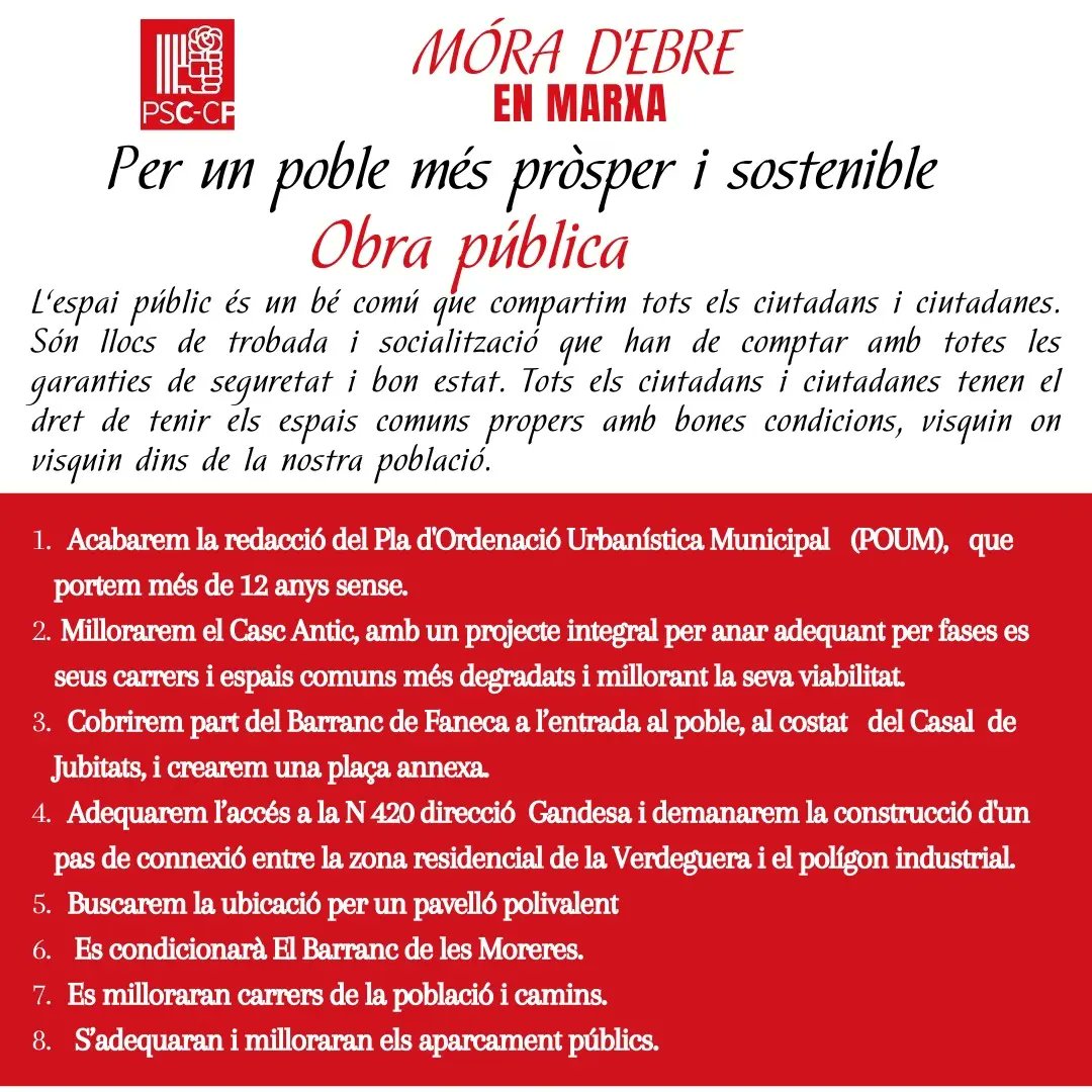 PscMora's tweet photo. Móra d'Ebre: En Marxa! us detalla el nostre programa electoral de cara al mandat 2023-2027. Grans reptes i actualitzacions que necessita el nostre poble per continuar avançant. Ens veiem aquesta tarda a partir de les 19 al Comarques Catalanes! https://t.co/lh17wOtKjk