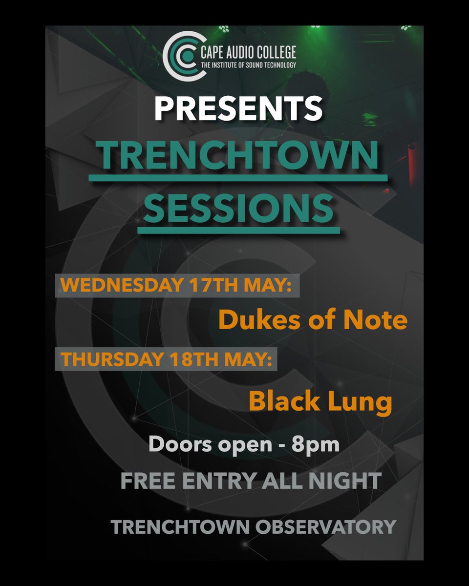 Be the first to

📷

Join us on Wednesday the 17th and Thursday the 18th to support local music with @dukesofnote and @black_lung_band and our up and coming Live sound talentDoors Open at 8PM and entrance is FREE!!!
See you there!!#Livesound #capeaudiocollege
