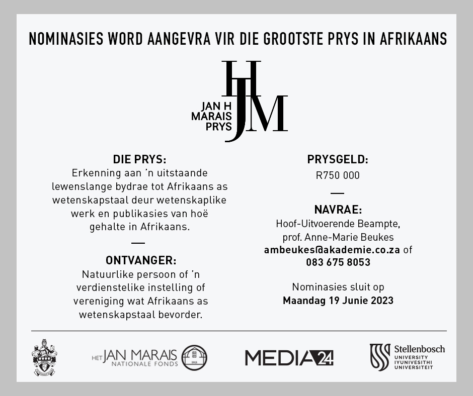 SAAkademie's tweet photo. Nominasies vir die gesogte Jan H Maraisprys 2023 word tans ingewag tot 19 Junie. 
Die meriete en keuring vind plaas onder kuratorskap van die SA Akademie vir Wetenskap en Kuns. Stuur navrae en nominasies na prof Anne-Marie Beukes by ambeukes@akademie.co.za https://t.co/i0ZQcfRnVI