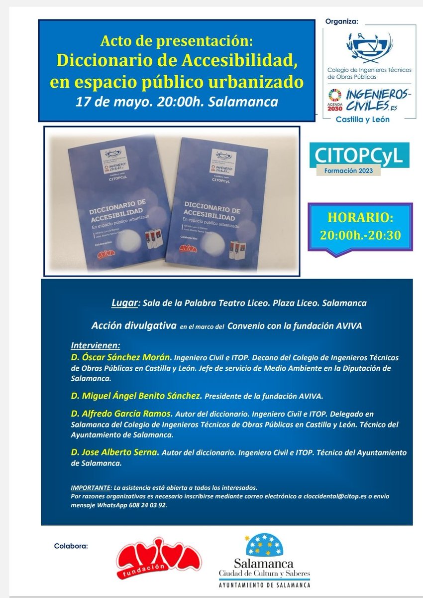 CITOPcastillayleón (@cyl_citop) on Twitter photo 📅📢 Hoy a las 20:00h. en el Teatro Liceo de Salamanca, Presentación organizada por <a href="/cyl_citop/">CITOPcastillayleón</a> en colaboración con <a href="/avivasalamanca/">FUNDACIÓN AVIVA</a> y <a href="/ciudaddecultura/">ciudad de cultura</a> del Diccionario de Accesibilidad en espacio público urbanizado; redactado por los ITOPs Alfredo García y José Alberto Serna. 📅📢 Hoy a las 20:00h. en el Teatro Liceo de Salamanca, Presentación organizada por <a href="/cyl_citop/">CITOPcastillayleón</a> en colaboración con <a href="/avivasalamanca/">FUNDACIÓN AVIVA</a> y <a href="/ciudaddecultura/">ciudad de cultura</a> del Diccionario de Accesibilidad en espacio público urbanizado; redactado por los ITOPs Alfredo García y José Alberto Serna.