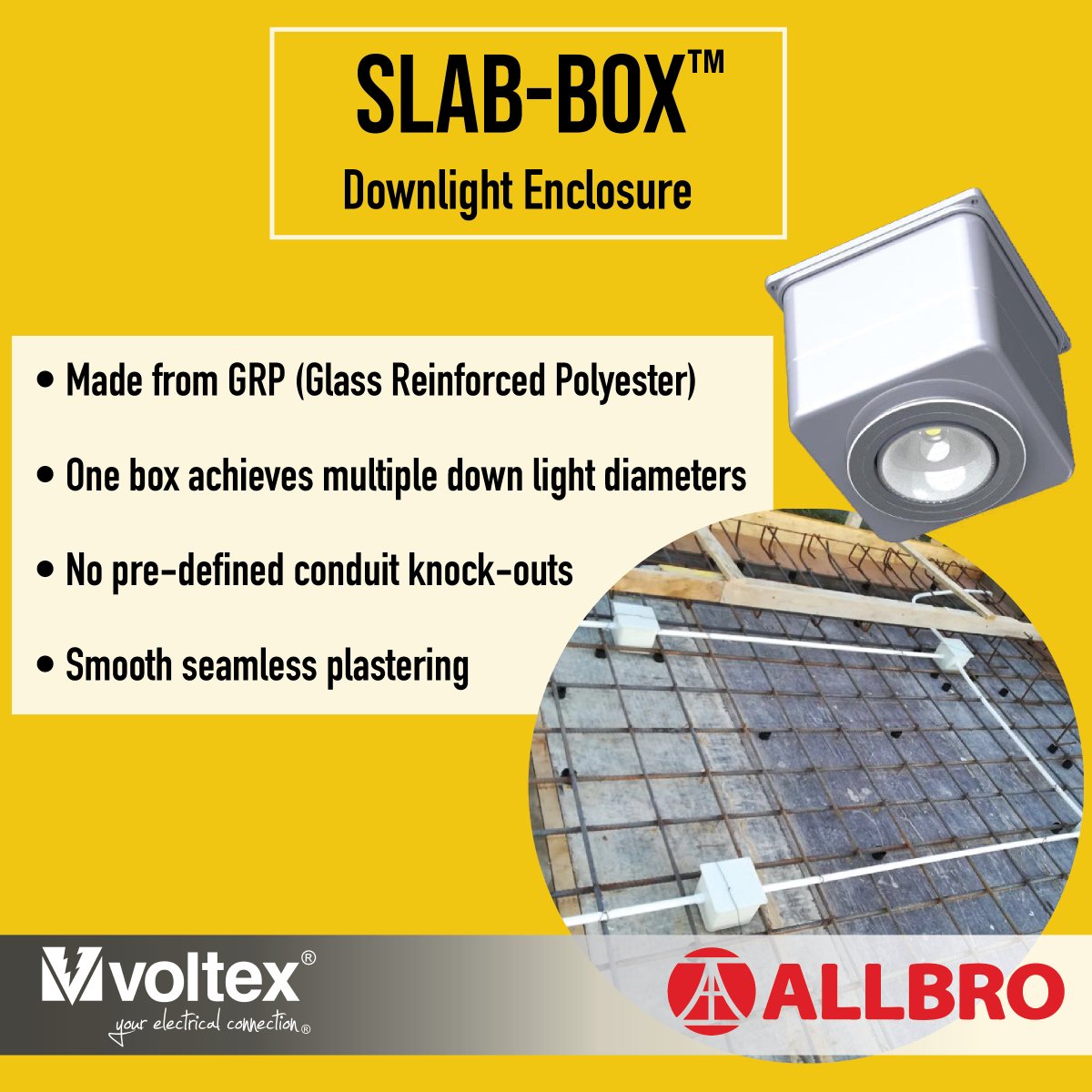 voltexsa's tweet photo. The Allbro SLAB-BOX™ Downlight Enclosure is made from Glass Reinforced  Polyester(GRP).

This enclosure allows for smooth, seamless plastering with no unsightly mesh  finishes. One box achieves multiple downlight diameters.

#Voltex #Voltex_SA  #Allbro #SlabBox #BuyLocal https://t.co/sP2kq5Oxrx