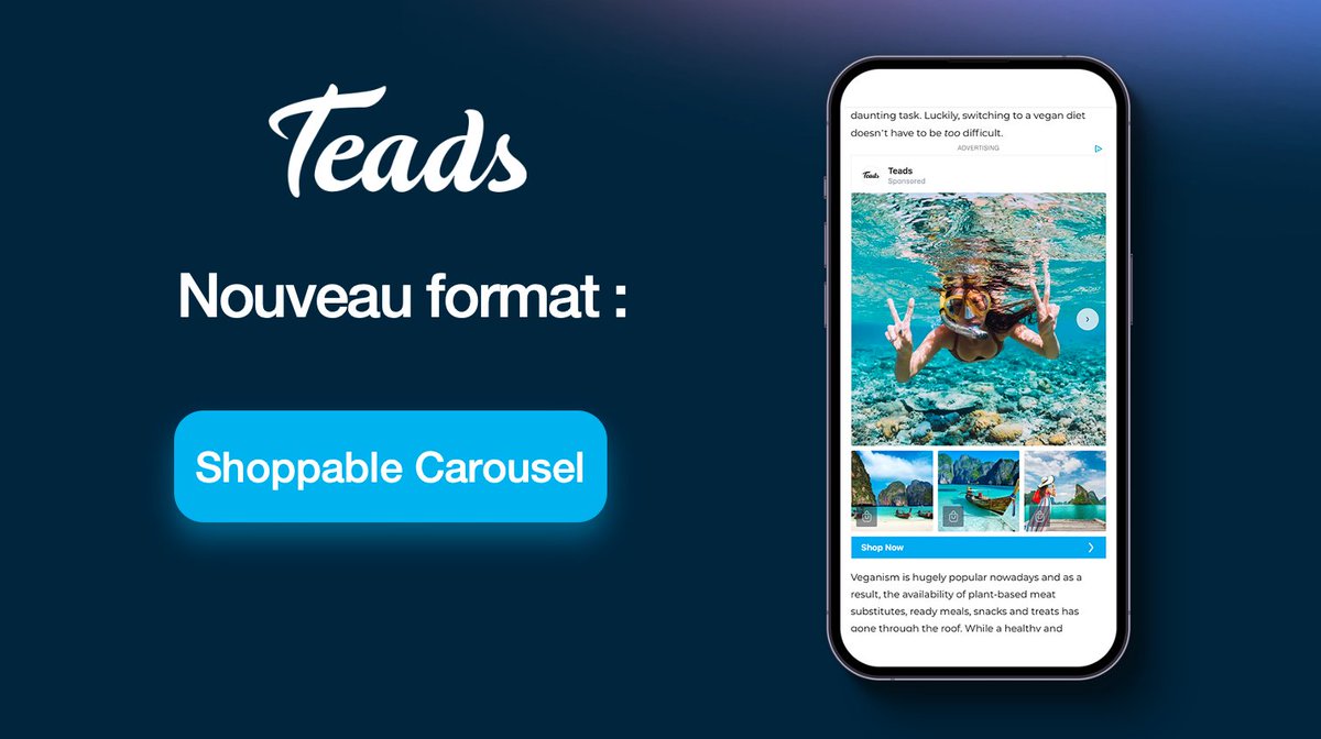✨ Découvrez le Shoppable Carousel, notre tout dernier format Traffic Acquisition !

📈 Conçu pour maximiser le taux de clic, voici les premiers benchmarks issus des premières campagnes entre 0,60% et 0,80%.

Pour en savoir plus 👉 salesperf-fr@teads.tv