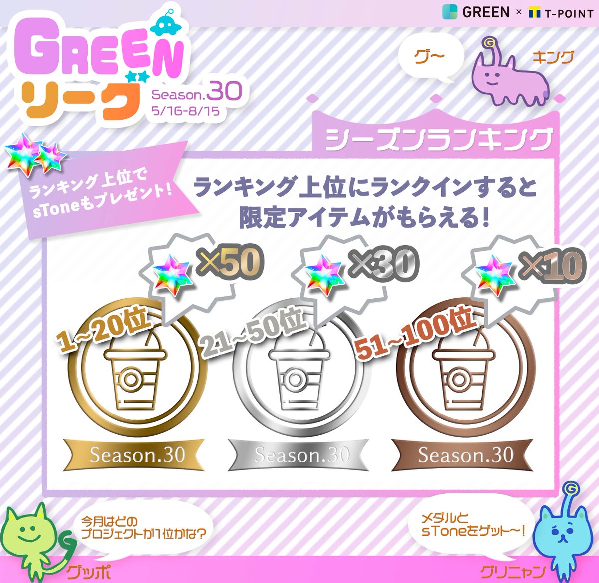 greentpoint's tweet photo. 【🎉GREENリーグシーズン30開催🎉】
全プロジェクト横断のGREENリーグを開催中✨
▼5/16〜8/15までシーズンランキングで上位にランクインした方には限定メダル🏅と、sTone🌟をプレゼント🎀
奮ってご参加下さい❣️ https://t.co/NhDzs84UhM