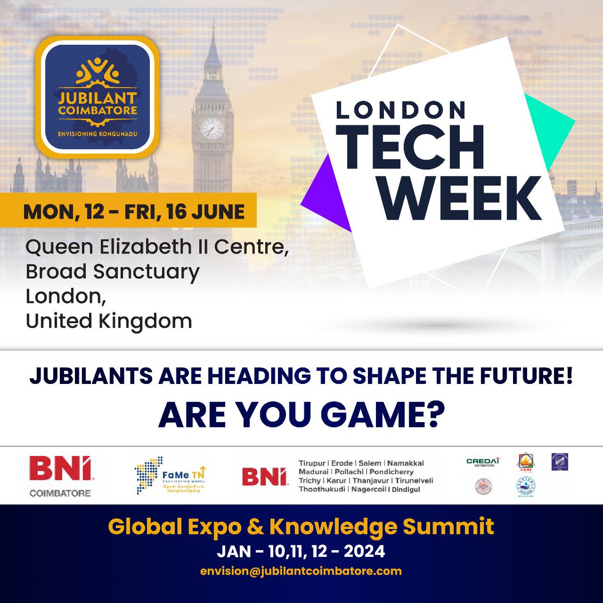 Jubilantcbe's tweet photo. LONDON TECH WEEK
June 12 (Mon) - June 16 (Fri)
Queen Elizabeth II Centre, Broad Sanctuary,
London, United Kingdom

Jubilants are heading to Shape the Future!

Jubilant Coimbatore!!

#business #entrepreneur #LondonTechWeek #JubilantCoimbatore https://t.co/vHKhA4z3Ws