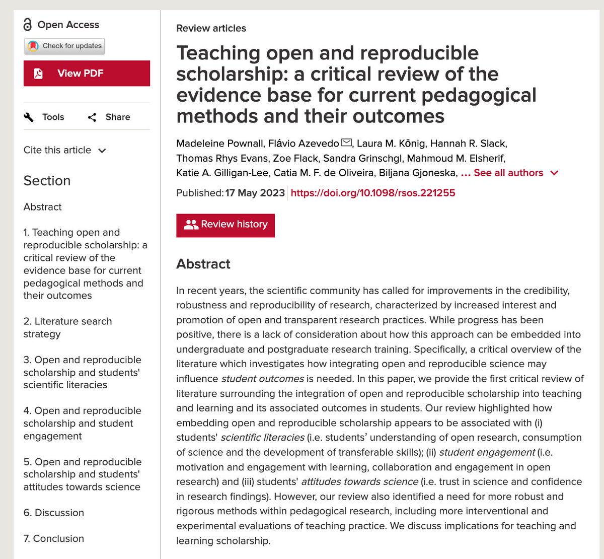 Dr Madeleine Pownall (@maddi_pow) on Twitter photo Now out in Royal Society Open Science! We critically review the evidence for teaching open and reproducible scholarship and the associated student outcomes. A monumental <a href="/FORRTproject/">FORRT</a> team effort with <a href="/Flavio_Azevedo_/">Flavio Azevedo</a> and 70 collaborators across the world!
royalsocietypublishing.org/doi/10.1098/rs… Now out in Royal Society Open Science! We critically review the evidence for teaching open and reproducible scholarship and the associated student outcomes. A monumental <a href="/FORRTproject/">FORRT</a> team effort with <a href="/Flavio_Azevedo_/">Flavio Azevedo</a> and 70 collaborators across the world!
royalsocietypublishing.org/doi/10.1098/rs…
