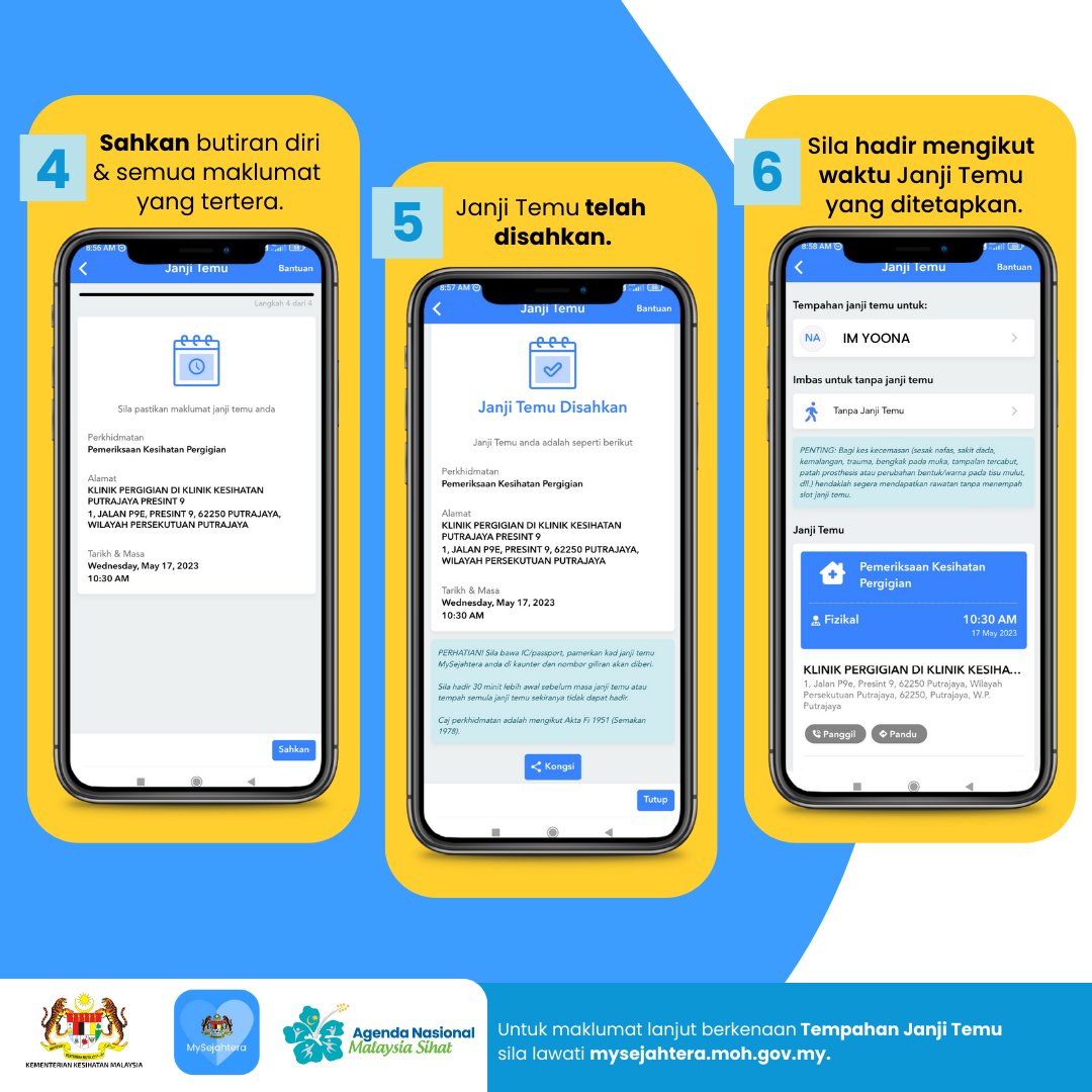 Kini anda boleh menempah slot janji temu Perkhidmatan Pemeriksaan Kesihatan Pergigian di seluruh Malaysia melalui aplikasi Mysejahtera. Untuk menempah janji temu di fasiliti kesihatan pilihan anda,sila ikuti langkah ini. #AplikasiKesihatanAwam #MySejahtera
