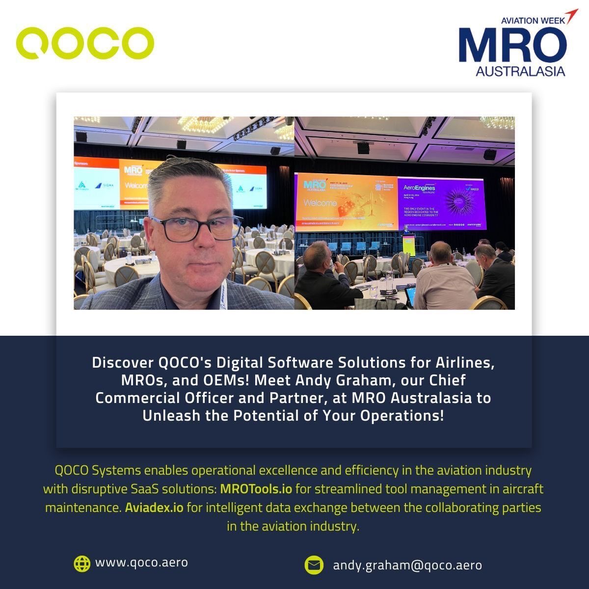 🌟 Exciting News from Brisbane, Australia! 🌟

QOCO's Chief Commercial Officer and Partner, Andy Graham, is now in Brisbane, Australia, attending MRO Australasia! 

If you're attending MRO Australasia, make sure to connect with Andy!

#MROAustralasia #Aviation