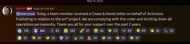 grimcodes's tweet photo. Dude no way SM2 just got a Cease &amp; Desist from Activision 🙄 https://t.co/RPYcoDFFFn