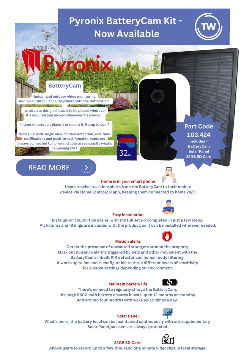twsecuritydist's tweet image. @Pyronix BatteryCam Kit now available at Traders.
The new BatteryCam offers indoor and outdoor video monitoring with built-in movement detection.
Installation couldn’t be easier either, with full set up completed in just a few steps!!!

#securitycameras #easyinstallation #pyronix
