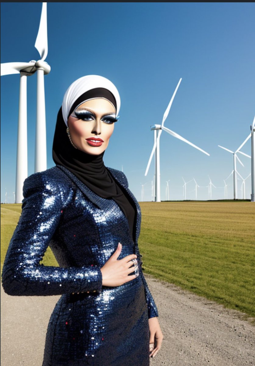 Jag tog genom AI fram den, ur de blåbrunas perspektiv, läbbigaste bilden, EVER! I bring you the muslimdragqueen in front of windturbines!!!!