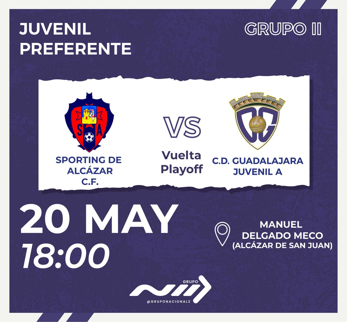 CDG_cantera's tweet photo. ¡90 MINUTOS PARA DECIDIR UN ASCENSO! ¡ÚLTIMA BATALLA DEL AÑO! ⚔️

🏆 FASE DE ASCENSO A JUVENIL NACIONAL | VUELTA🆚 Sporting de Alcázar C.F.

🏟️Manuel Delgado Meco
📍 Alcázar de San Juan (Ciudad Real)

📆 20/05
⏰ 18:00h

#CanteraMorada💜#AúpaDépor https://t.co/FFteNIPcK8