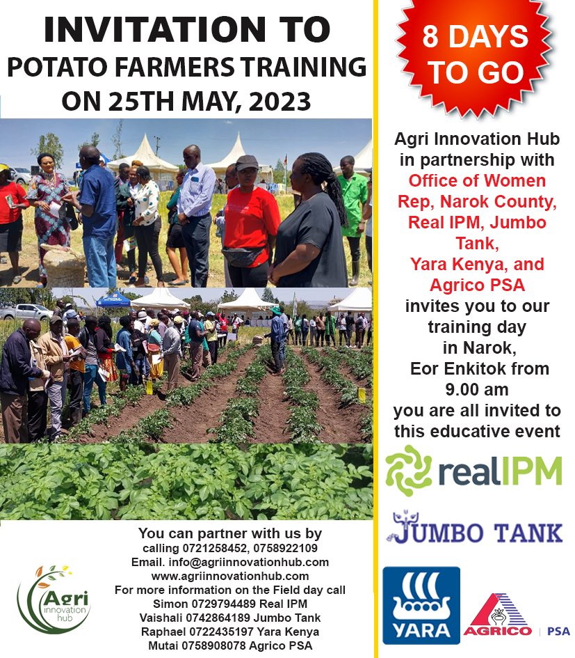 Remember our Potato Farmers Training Day in Narok on 25th May, come learn on the latest techniques so that you can achieve a bumper harvest
#agriinnovationhub
#youthsinagriculture