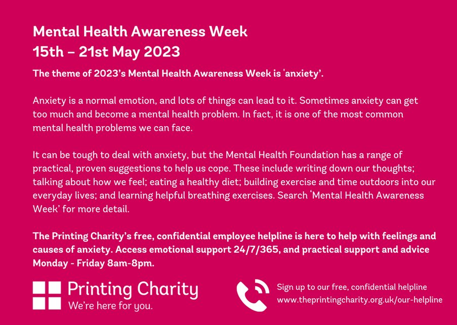 It's Mental Health Awareness Week! 

We'd like to remind everyone that our friends at @printingcharity are here to offer emotional support and guidance not just this week but throughout the whole year!

#MentalHealthAwarenessWeek #printindustry #mentalhealth