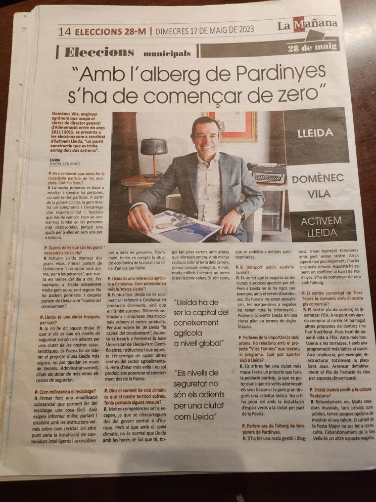 ActivemLleida's tweet photo. Avui es publica a @LaManyanacat l'entrevista al nostre candidat @domenecvn on explica els principals eixos que configuren la proposta d'@ActivemLleida per a la ciutat del futur. Podeu ampliar la informació a la web https://t.co/S4oJetuXDE
#ActivemLleida #anima #persones #coneixement #capital #agroalimentaria