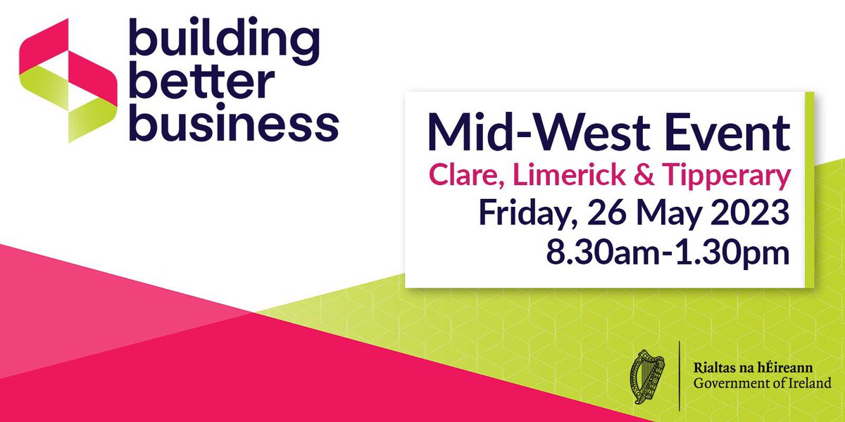 Department of Enterprise, Trade and Employment (@deptenterprise) on Twitter photo Reminder! 🚨
DETE is holding events around the country to help your business navigate your green journey & boost business performance through digital transformation💻
The next #BuildingBetterBusiness event takes place next week in the Mid-West in <a href="/UL/">University Of Limerick</a> for businesses based in Reminder! 🚨
DETE is holding events around the country to help your business navigate your green journey & boost business performance through digital transformation💻
The next #BuildingBetterBusiness event takes place next week in the Mid-West in <a href="/UL/">University Of Limerick</a> for businesses based in