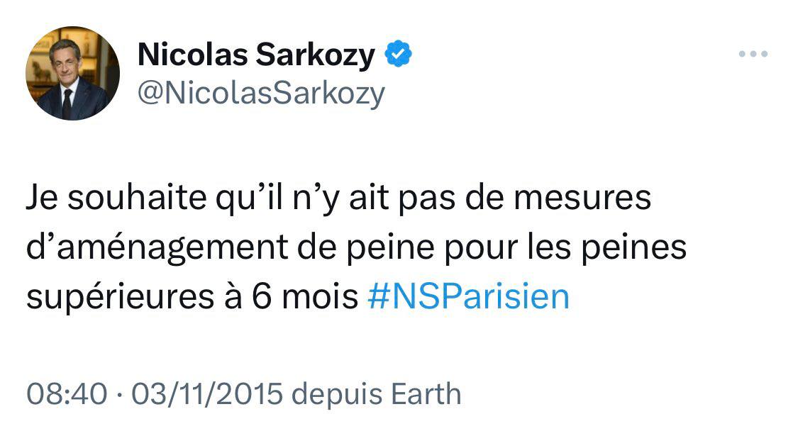 #Sarkozy a été condamné en appel, reconnu coupable pour la 2nde fois dans une affaire de corruption: 3 ans de prison, dont 1 ferme sous bracelet électronique + 3 ans de privation de droits civiques.

On ressort donc ce tweet des archives. 😂

➡️ Telegram : t.me/KimJongUnique