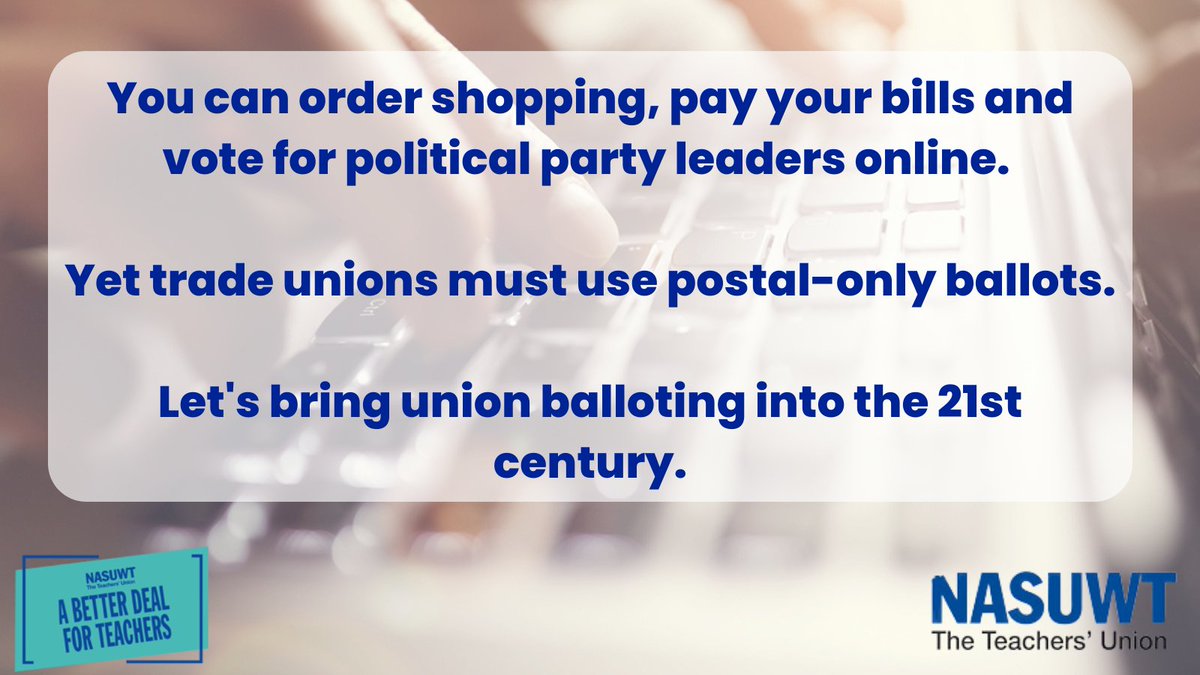 NASUWT: You can order shopping, pay your bills and vote for political party leaders online. 
Yet trade unions must use postal-only ballots.
Let's bring union balloting into the 21st century.
Sign our petition: megaphone.org.uk/petitions/allo…
#BetterDealForTeach…
