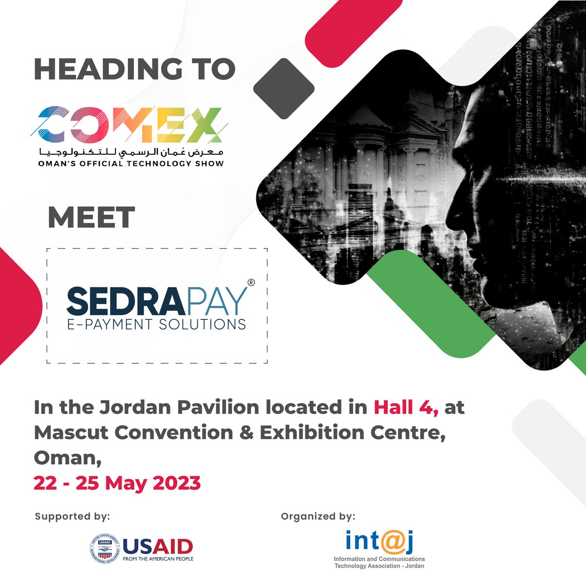 Meet #Sedra_for_ePayment_Solutions in #Comex_2023 within the #JordanPavilion located in Hall4 @OmanConvention to discover the company #innovative_services & #smart_solutions

This activity is supported by the #USAID_Business_Growth_Activity

@comexglobalex
#Technology #Innovation