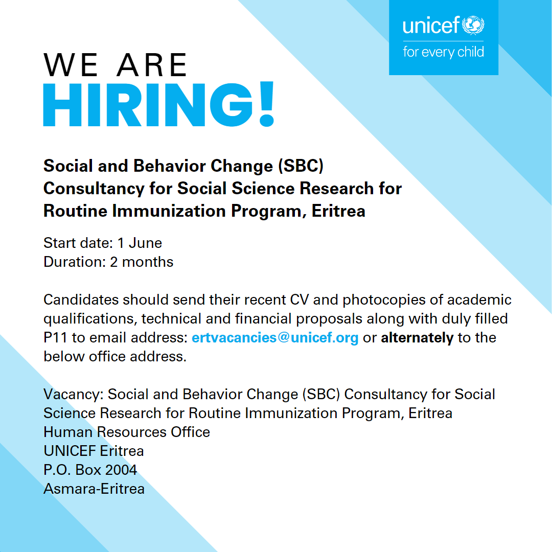 #WeAreHiring!🥳 

Have you applied yet? Join @UNICEF #Eritrea and be a part of a great team! 

📜Please find vacancy information & P11 here: drive.google.com/drive/folders/… OR collect them from UNICEF Reception, Hday Street, Airport Road, UN Compound, Asmara. 

#TogetherForChildren