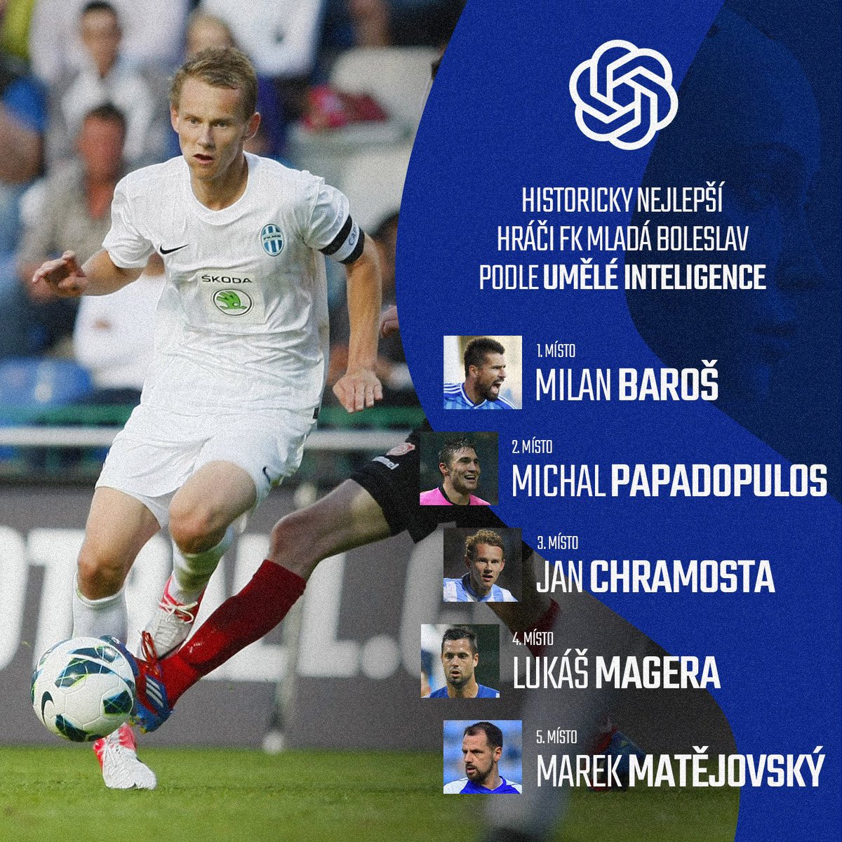 fkmladaboleslav's tweet photo. Nechali jsme umělou inteligenci CHATGPT zapátrat v naší historii a vybrat pětici nejlepších hráčů, kteří působili v modrobílých barvách našeho klubu🤖💙

#fkmb #fkmladaboleslav #bolka #zaboleslav #mladaboleslav #boleslav #mb #jsemfkmb #ai #chatgpt https://t.co/0AlhGsGy03