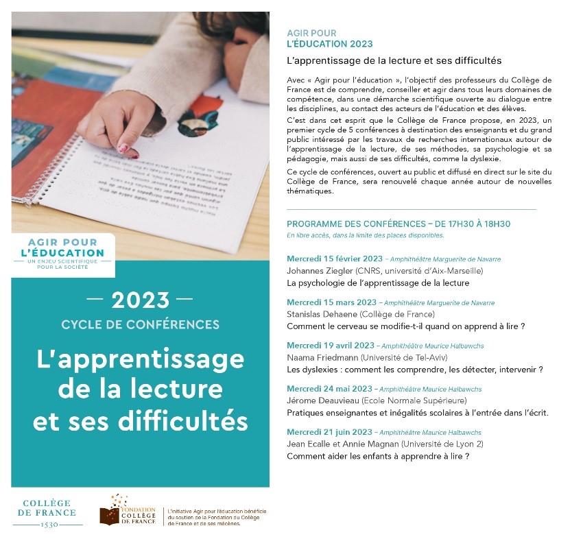 #Agenda

4ème #conférence du cycle « L’#apprentissage de la #lecture et ses difficultés » avec Jérôme Deauvieau

Pratiques enseignantes et inégalités scolaires à l’entrée dans l’écrit

Collège de France
24 mai 2023
17h30-18h30
Entrée libre
bit.ly/3MhZLyJ