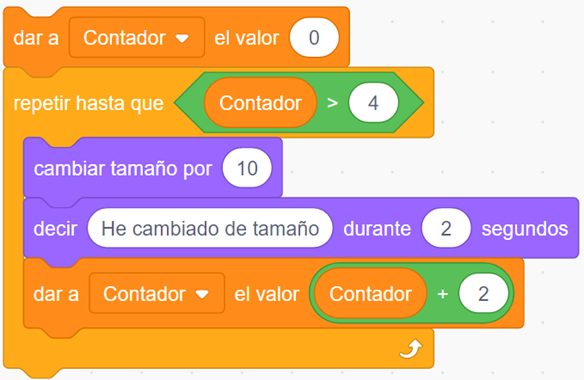TICeduURJC's tweet photo. Seguimos con el repaso de Scratch. Pregunta 5: Según el código de la imagen, ¿cuántas veces cambiará de tamaño el gatito? https://t.co/KZDYkFKhCQ