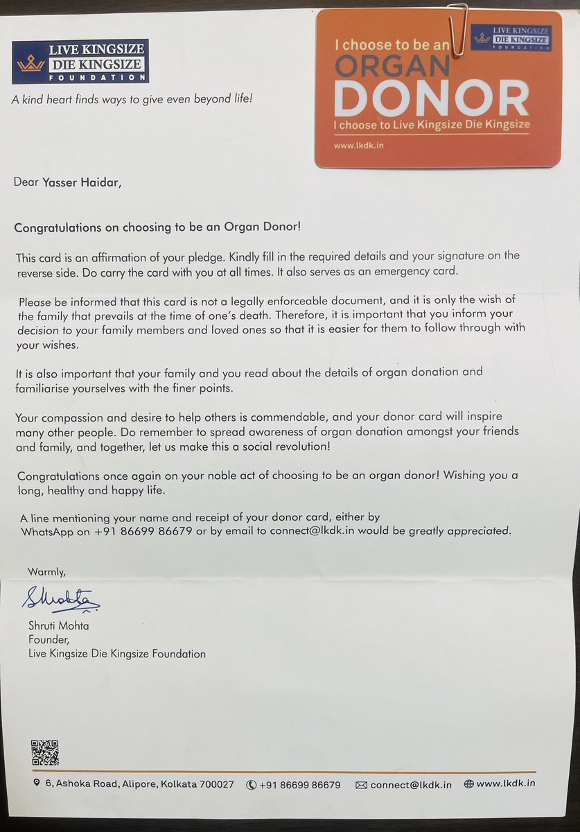 YasserHaidar11's tweet photo. The idea is not to live forever..
But may be to help another live a little longer...

I feel Proud to take the Pledge and enrolled myself with #LiveKingSize #DieKingSize Foundation where I choose to be an #OrganDonar 

Let’s share your life with others. https://t.co/44IL1avXxc